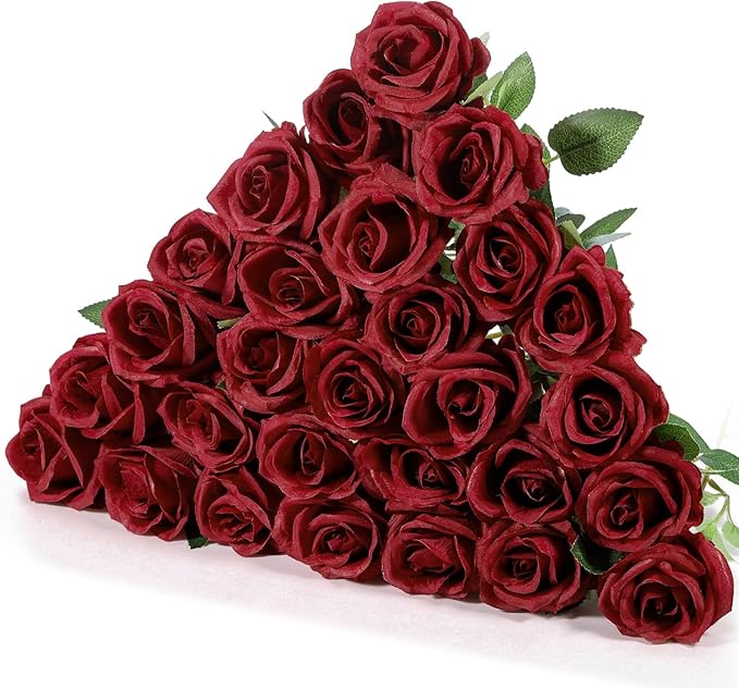 Hotop 20 Pcs Artificial Rose Flowers with Long Stem,Real Touch Silk Realistic Plastic Bouquet Roses Bulk for Home Decor Bridal Wedding Party Table Centerpieces Decorations(Wine Red)