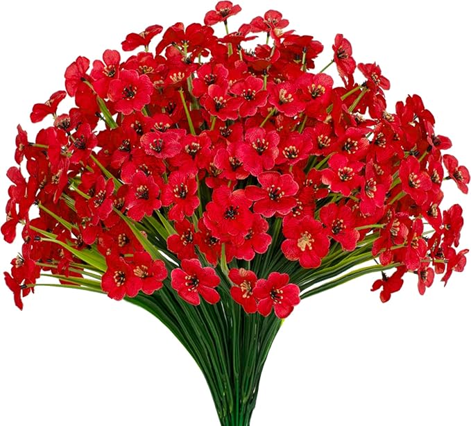 15 Bundles Artificial Flowers UV Resistant Outdoor Plants No Fade Faux Plastic Shrubs Fake Silk Flowers Window Box Garden Porch Home Decoration(Red)
