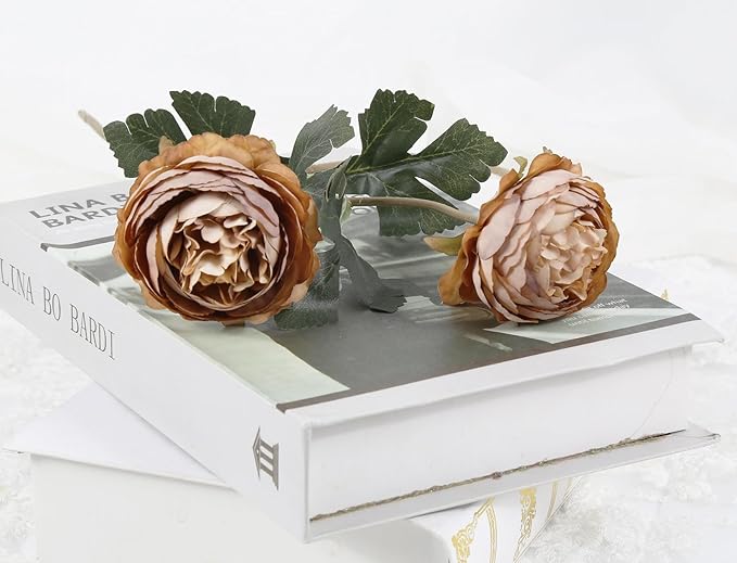 IPOPU 10pcs Coffee Peonies Artificial Flowers Real Touch Silk Peonies with Stems Real Look Fake Peony for Home Wedding Hotel Office Party Centerpiece Decorations