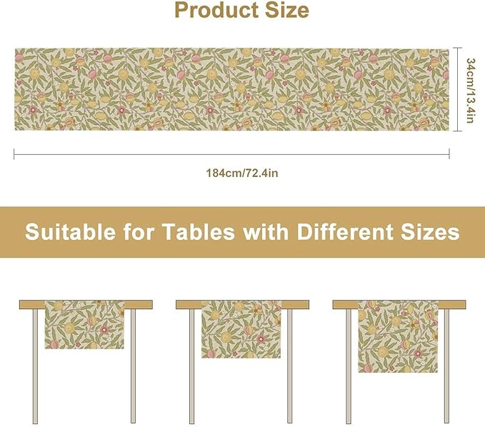 Vintage William Morris Table Runner, Yellow Lemon Fruit Peach Plant Boho Farmhouse Decor Table Runner for Kitchen Dining Home Party, 13x120 Inch