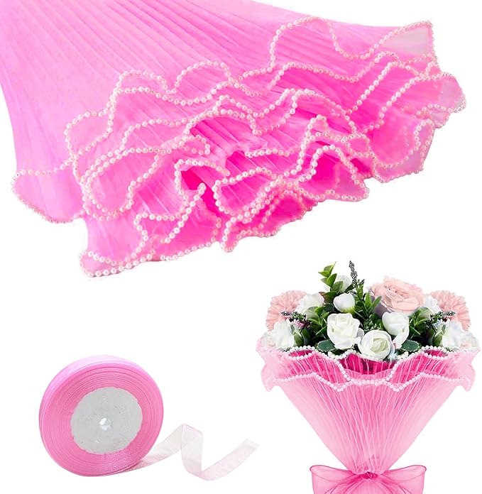 Cftone 4 Yards Pearl Edge Flower Wrapping Mesh Paper with 3/5 inch Organza Ribbon 50 Yard Gift Wrap Ribbon, Bouquet Transparent Mesh Wrapping Paper for Mother's Day Valentine's Day Wedding Graduation Birthday Gift (Pink with 50 Yard Pink Ribbon)