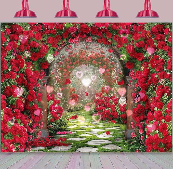 Valentines Day Flowers Garden Backdrops Red Rose Spring Floral Scene Photography Backdrop Girls Birthday Bridal Shower Wedding Party Decorations Banner Photo Booth Props (8x6FT(94 x 70 inch))