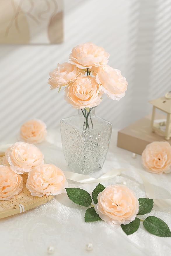 12 PCS Artificial Silk Champagne Peony Flowers with Stems - 8 Inch Fake Peony Bouquet for Wedding, Home Decor, Office Table, Festival Gifts