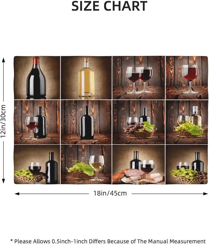 Wine Linen Placemats Set of 6 Retro Country Red Wine Print Modern Art Placemat Indoor Outdoor Party Home Desktop Kitchen Dining Room Decoration 12x18 Inch