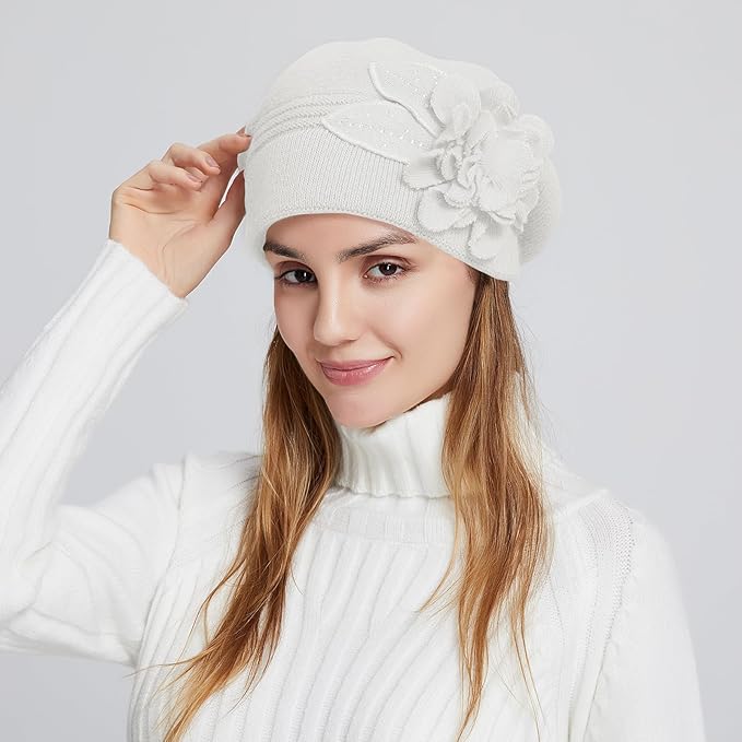 Flower Women Beret, Double Layer Thickened Winter Knitted Beanie Beret Hat, Stylish French Dress Beret Hats for Women