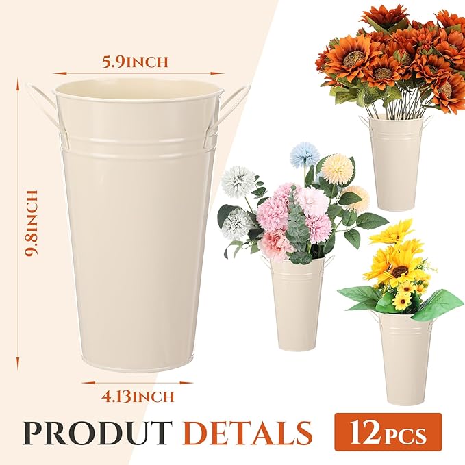 Chumia 12 Pcs Galvanized Flower Bucket 9 Inch Metal Vase Farmhouse Rustic French Flower Bucket with Handles for Home Floral Centerpiece Container Wedding Table Decor(Beige)