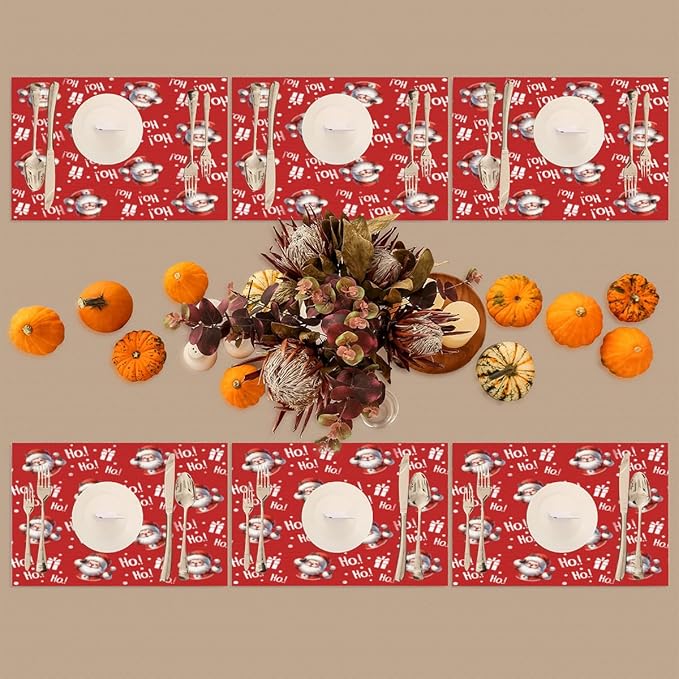 Christmas Xmas Ho Santa Claus Placemats Set of 4 PVC Vinyl Non Slip Table Mats Heat Resistant Place Mats Washable Wipeable Dining Table Mat for Kitchen Decor Party Indoor Outdoor Decorative Gift