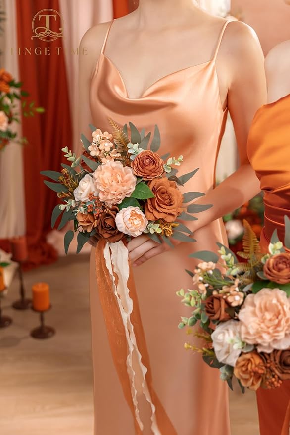 TINGE TIME 7 Inch Wedding Bouquets for Bridesmaid, Set of 4, Artificial Flowers Cascading Bridal Bouquet for Fall Wedding Ceremony Anniversary Bridal Shower and Rustic Vintage Wedding (Terracotta)