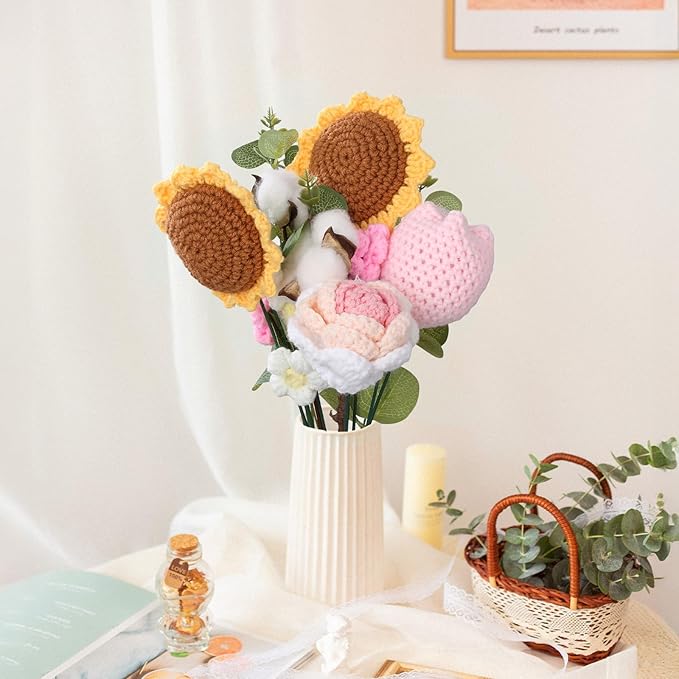 Foyucool Crochet Flowers Bouquet, Handmade Knitted Sunflower Bouquet with Gift Bag for Home Deocor, Crocheted Finished Flower for Wedding, Mother's Day, Teachers' Day and Valentine's Day, Orange