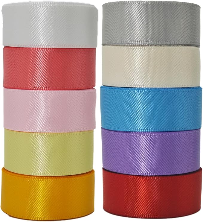 Satin Ribbon 1 Inch Pack, 50 Yards Double Faced 10 Natural Colored Ribbons Set for Gift Wrapping, Flower Bouquet, DIY Crafts, Easter, Christmas, Wedding, Party, Hair & Bows