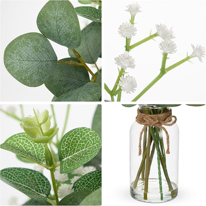 Briful Artificial Eucalyptus Stems with Baby Breath Flowers in Glass Vase with Faux Water, 14" Fake Plant Eucalyptus Leaves for Home Farmhouse Wedding Centerpiece Bathroom Décor