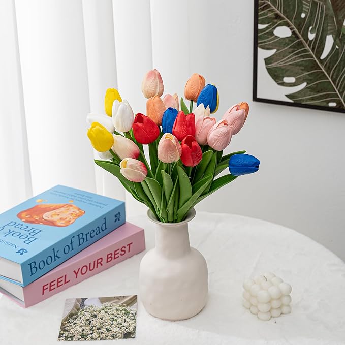 KAOYOO 18PCS Artificial Tulip Flowers Bouquet - Faux Latex Tulips for Home Decor,Office Desk,Kitchen Table,Wedding Centerpiece,Party,Spring Decoration(White,18 Pack)