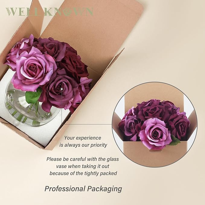 WELL KNOWN Silk Purple and Pink Roses Bouquet in Vase, Artificial Fake Flowers Arrangements in Glass Vase with Faux Water for Home Office Hotel Birthday Wedding Party Table Decoration & Mom's Gift