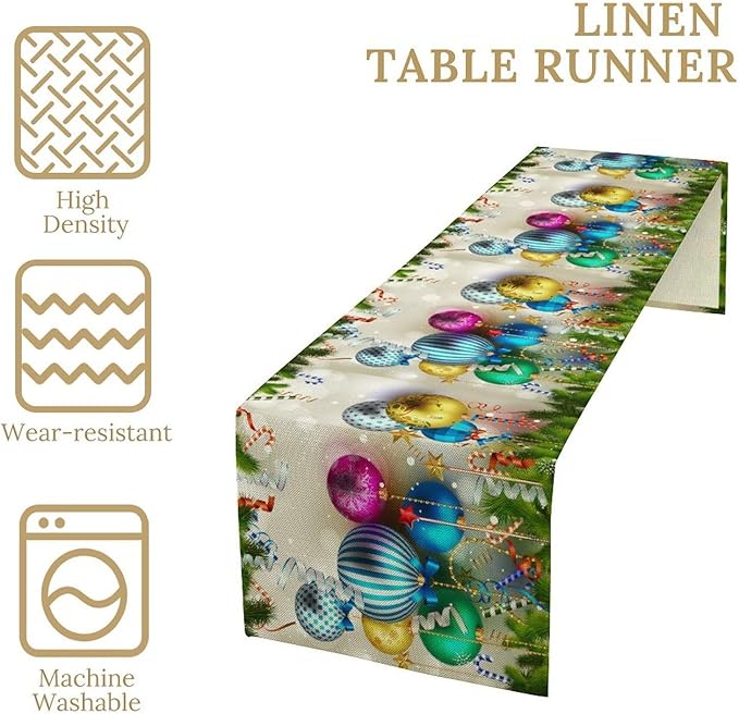 Christmas Table Runner,Colorful Balls Xmas Tree Snowflake Pattern Print Tablecloth Burlap for Hotel Indoors Outdoor Dining Room Kitchen Home Decor,W13X L70 in