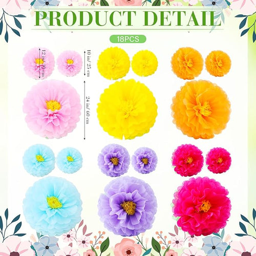 18 Pcs Large Tissue Paper Flowers Set 23.6"/11.8"/9.8" Giant Fiesta Mexican Paper Wall Flower for Carnival Wedding Birthday Bridal Shower Party Backdrops Centerpieces(Multicolor)