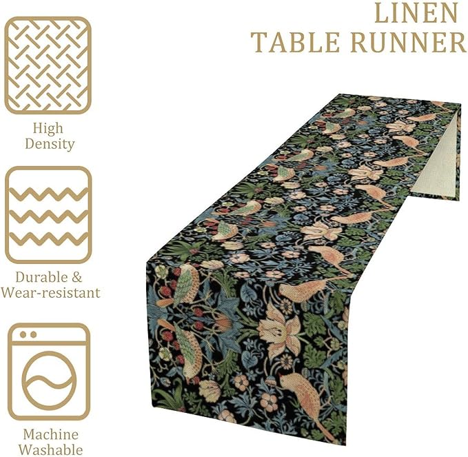 Vintage William Morris Floral Table Runner, Flowers Blue Botanical Printed Table Runner for Home Kitchen Dining Table Decoration,13x120 Inch