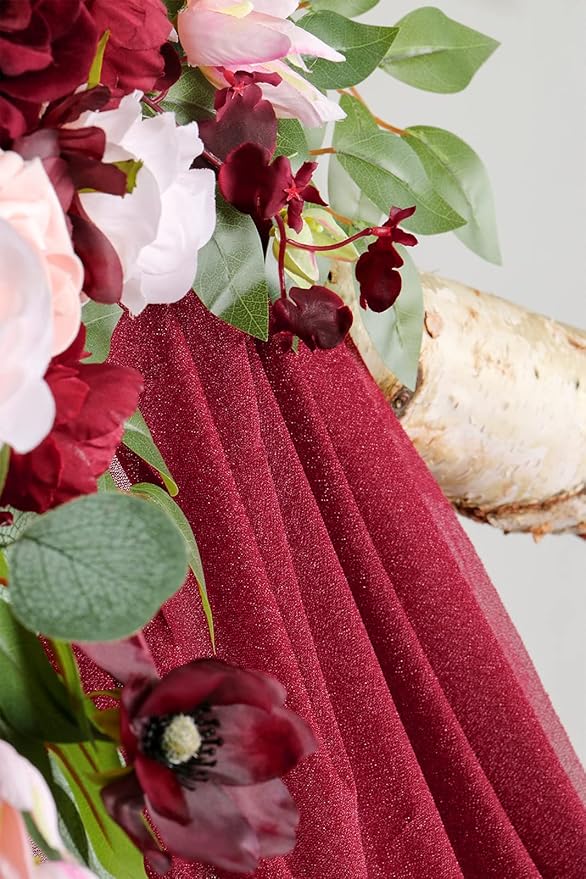 Ponatia Burgundy Wedding Artificial Arch Flowers Kit (Pack of 3) With 26Ft Shiny Arch Draping Fabric for Ceremony and Reception Backdrop Decoration (Burgundy & Blush)