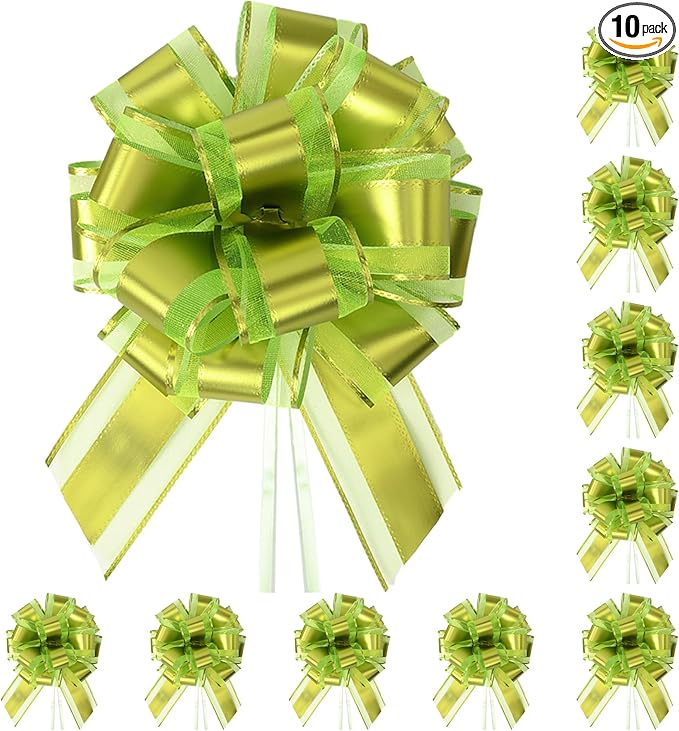 10-Pack Lime Green Pull Bows for Gift Wrapping - 6 Inch Reusable Ribbon Bows, Large Instant Floral Decor Bows for Wedding, Christmas, Birthday Decor, Gift Basket & Party Decorations