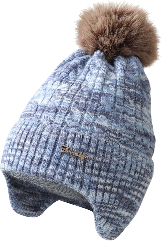 FENELY Women's Knitted Warm Beanie Winter Hat, Warm Chunky Snow Hat with Pompom