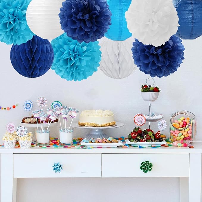 Blue Paper Flowers Tissue Pom Poms Honeycomb Lanterns 15pcs Light Royal Navy Party Decorations Boy Birthday Ocean Wedding Baby Bridal Shower Bachelorette Graduation Hanging Supplies Mprocherify