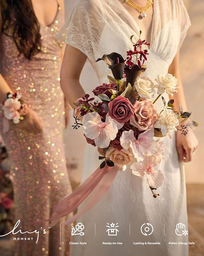 Ling's moment Dusty Rose Wedding Bouquets for Bride, Pink Bridal Bouquets for Bride, 13 Inch Free Form Artificial Wedding Flower Bouquet