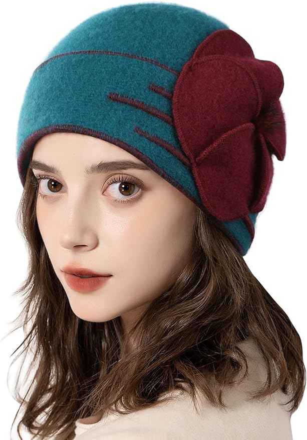 Sumolux Beanie Hats for Women Wool Skull Cap Beret Floral Cuffed French Vintage Dress Cloche Classic Winter 1920s