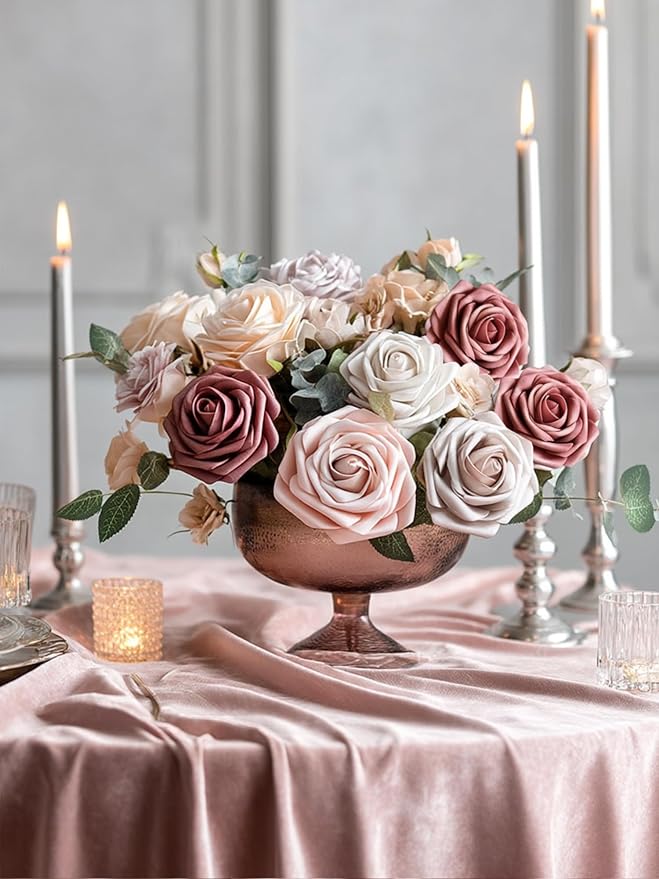 InnoGear Artificial Flowers, 50 Pcs Dusty Pink Foam Fake Roses Bulk with Stems for Decoration DIY Wedding Bouquets Centerpieces Bridal Shower Party Christmas Tree