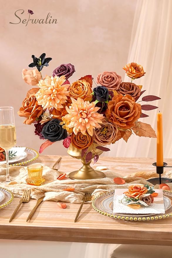 Serwalin Artificial Orange & Black Flowers, Silk Fake Flowers for DIY Wedding Bouquets Cake Flower, Harvest Table Centerpieces Birthday Party Home Halloween Decorations