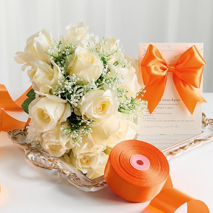 1-1/2 Inches 50 Yards Orange Satin Ribbon, Solid Fabric Ribbon Roll for Flower Bouquets, Gift Wrapping, Wedding, Handmade Crafts