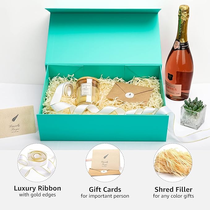 LIFELUM Large Gift Boxes with Lids,5 Pack 13.85 x 8.35 x 4.45 inch Rectangle Collapsible Gift Boxes with Ribbon,Card,Shredded Paper Filler Christmas,Birthdays