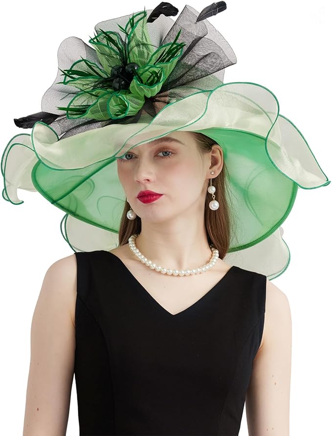 Organza Derby Hats for Women Wide Brim Fascinator Hat Rose Flower Wedding Tea Party Hat
