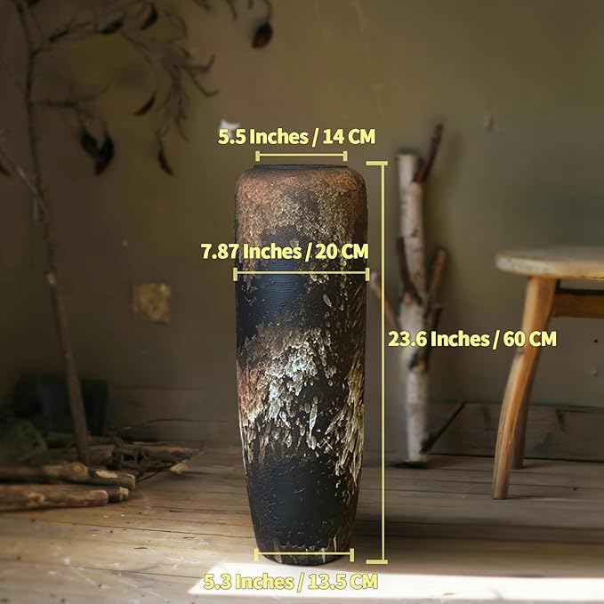 Rustic Ceramic Tall Floor Vase,23.6 Inch Black Large Pottery Farmhouse Decor Floor Vase for Living Room Entryway Table Centerpiece Decor,Vintage Terracotta Vases,Wedding Gift