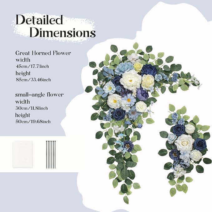 Wedding Arch Flowers Kit,Artificial Flower Arch Decor (Set of 3),2pcs Artificial Flower Arrangement with 1pc Sheer Drape for Wedding Decor Reception Backdrop Floral Decorations (Blue)