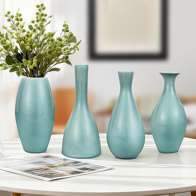 Ceramic Vase Set of 4, Elegant Azure Color Vase for Rustic Modern Home Decor, Crackled Ice Patterns Glaze Decorative Vases for Living Room, Kitchen,Table,Shelf,Office,Housewarming,Gift