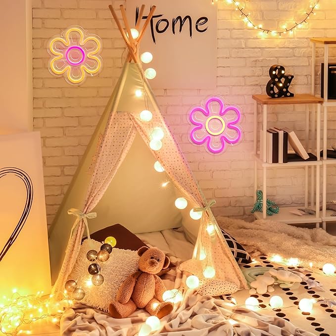 Bonuci 2 Pieces Flower Neon Sign 7.87 Inch Daisy LED Lights USB Powered Pink Retro Flower Shaped Neon Sign for Room Wall Decor Home Shop Wedding Birthday Party Decoration(Pink, Yellow)