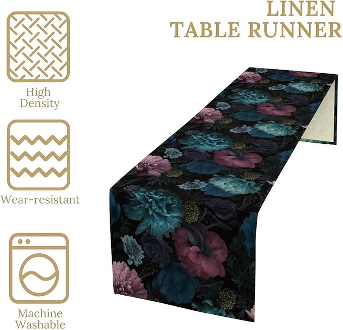 Blue Pink Flowers Table Runner, Boho Rose Flower Blossom Rustic Vintage Garden Peonies Spring Table Runner for Home Kitchen Dining Table Indoor Outdoor Party, 13x108inch