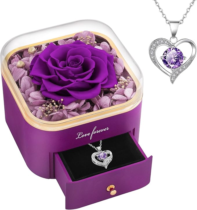 Beferr Birthday Gifts for Women Mom Preserved Real Rose with Necklace Eternal Roses Fresh Flowers for Delivery Prime anniversary Purple Gifts for Grandma Wife Daughter Sister