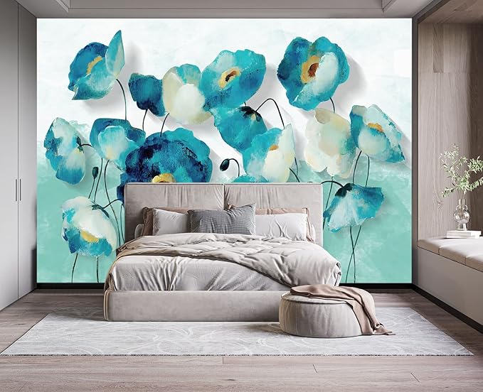 Blue Oil Painting Flowers Wall Mural Wallpaper for Bedroom 103" x 69"