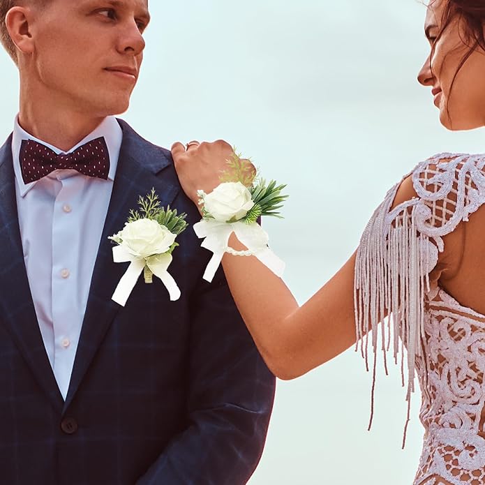 Pack of 2 Ivory Rose Wrist Corsage and Boutonniere Set for Men Women - Artificial Flowers with Pearl Bracelet and Boutonniere Pin for Bride, Groom, Bridesmaids, Groomsmen, Weddings, Prom Accessories