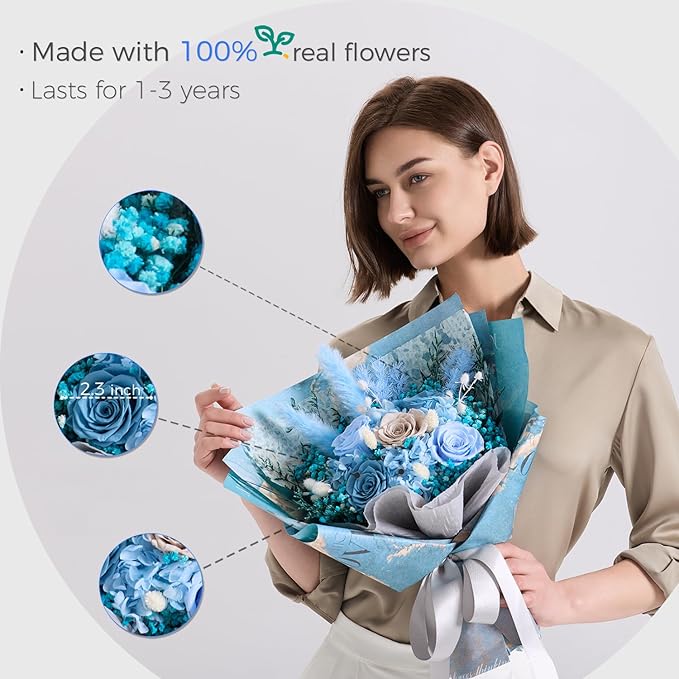 Large Preserved Roses Bouquet - Eternal Flowers for Delivery Prime,1-3 Years Long Lasting Real Roses Gift for Women,Mom Wife - Elegant Home Decor for Mother's Day,Anniversary,Valentine's Day(Bule)