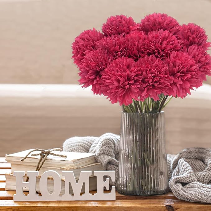 Tinsow 12Pcs Artificial Chrysanthemum Flowers Faux Bright Red Ball Flowers Burgundy Fall for Christmas Autumn Farmhouse Home Decoration (12,Bright Red)