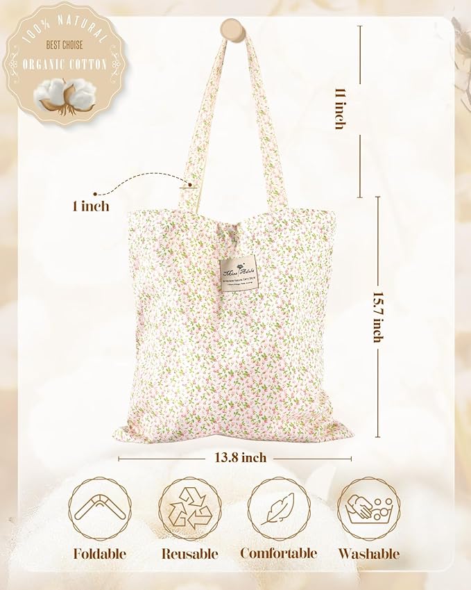 Aesthetic Cotton Tote Bag for Women - Reusable Shoulder Bag with Buckle Fabric Bag for Gym, Travel, Work