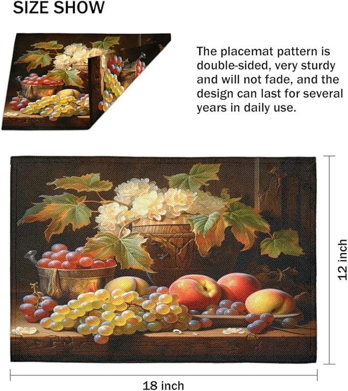 Grape Placemats Set of 6, Washable Linen Place Mats, Floral Vintage Fruit Rustic Table Mats for Kitchen Dining Table Decor Heat Resistant Tablemats 12x18