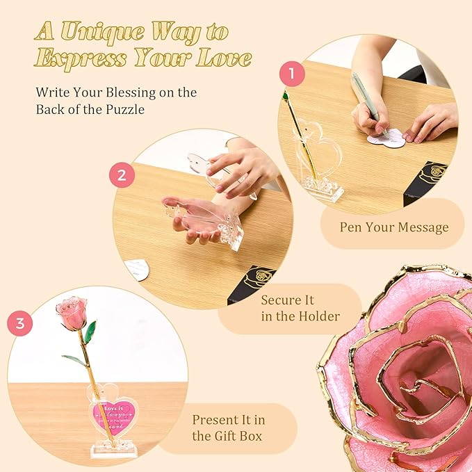 Mikasol Real 24K Gold Dipped Realistic Rose – Timeless Lifelike Bloom with Heart Puzzle Base – Romantic Pink Flower Gift for Her, Wife, Girlfriend, Mom – Birthday, Anniversary, Mother’s Day (Pink)