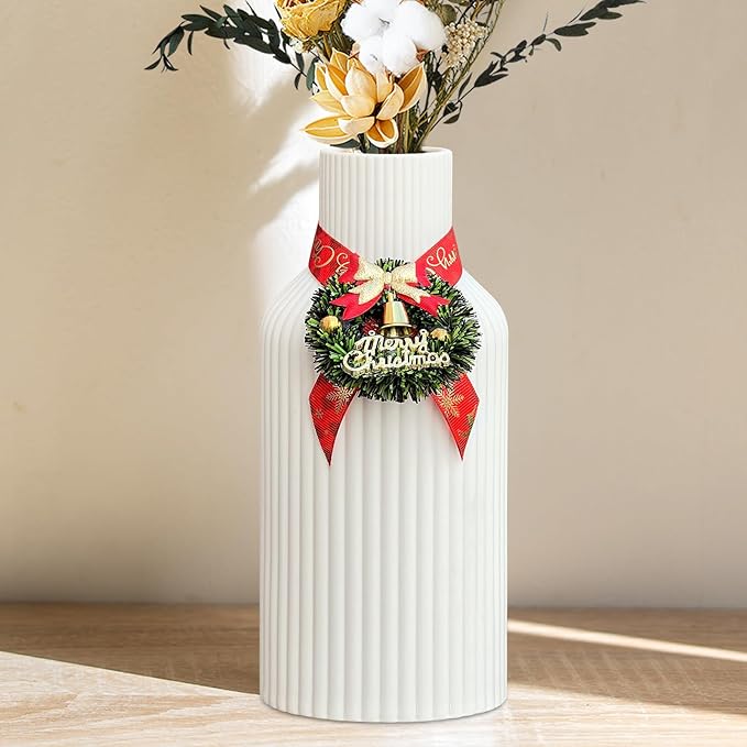 Pure White Ceramic Flower Vase for Christmas, Minimalist Modern Home Decor, Matte Finish Pampas Grass Vase for Table, Fireplace, Shelf, Mantel, Entryway and Centerpieces