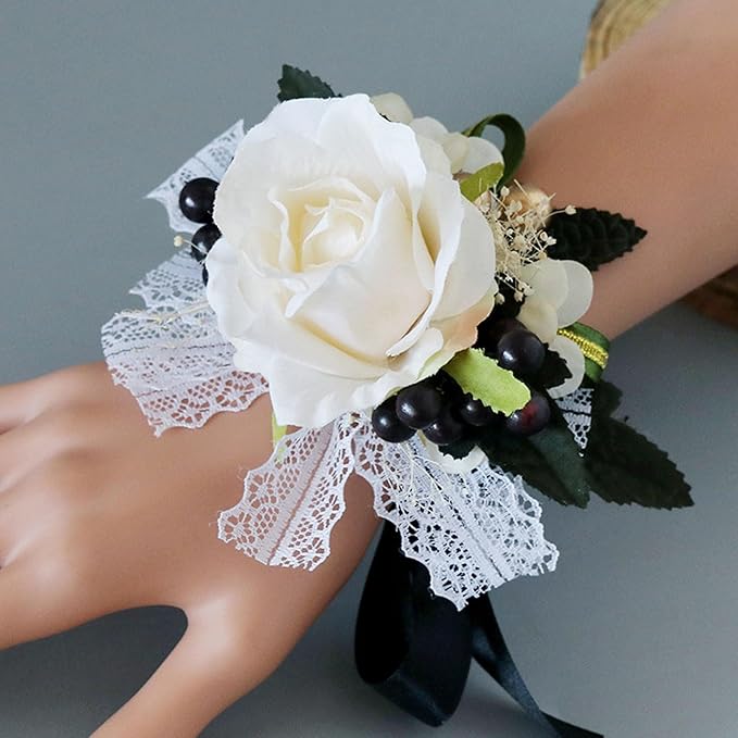 Aimto Ivory Rose Rose&Black Wrist Corsage and Boutonniere Set for Ivory Rose Wedding Flower Accessories Prom Suits (3pairs Ivory Rose Set)