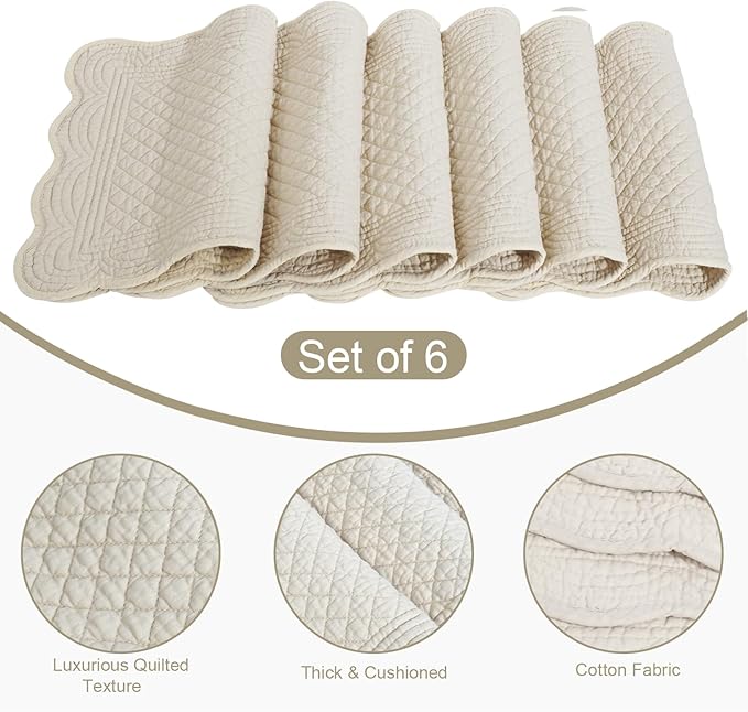 6 PCS Quilted Placemats -13x18 inches, 100% Cotton Placemats with Microfiber Filling, Thick & Washable Place Mats for Durable Use, Rectangular Placemats with Scalloped Edge for Kichen and Dining, Flax