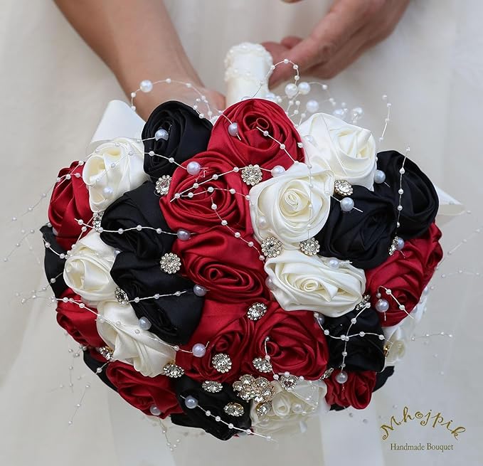 Bridal Wedding Bouquet Round Bling Brooch Bouquet Throw Toss Artificial Rose Flower Bunch for Bride Bridesmaid Wedding Quinceanera(Ruby Red, Black & Ivory, 8.7")