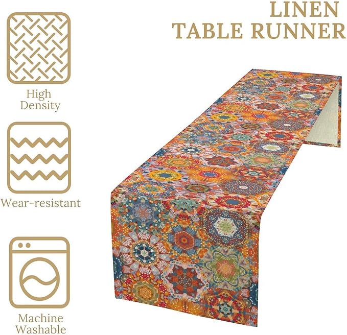 Boho Table Runner, Orange Geometric Mandala Flower Fall Farmhouse Decor Table Runner for Kitchen Dining Party Home Decoration, 13x90 Inch