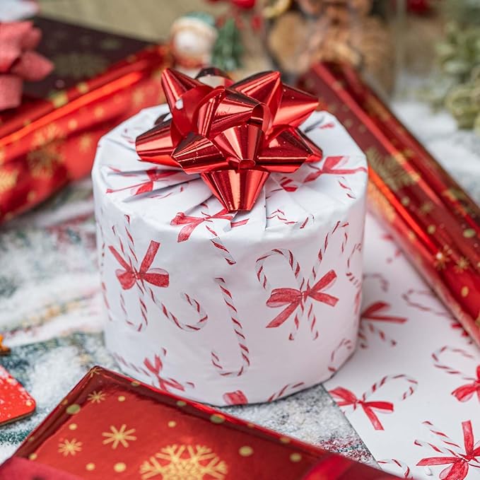 MAYPLUSS Christmas Wrapping Paper Roll - 17 Inch X 33 Feet - Gold Snowflake Star Reversible Candy Cane Gift Wrapping Paper, Thick Wrap Paper for Holiday Party New Year Kids
